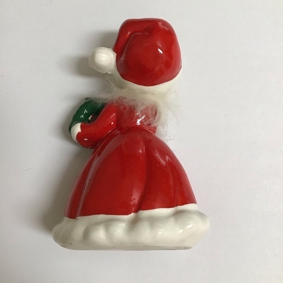 Napco ? Ceramic Christmas Girl Figurine Wreath Hair Fur Red Mrs. Claus Dress VTG - Picture 3 of 14
